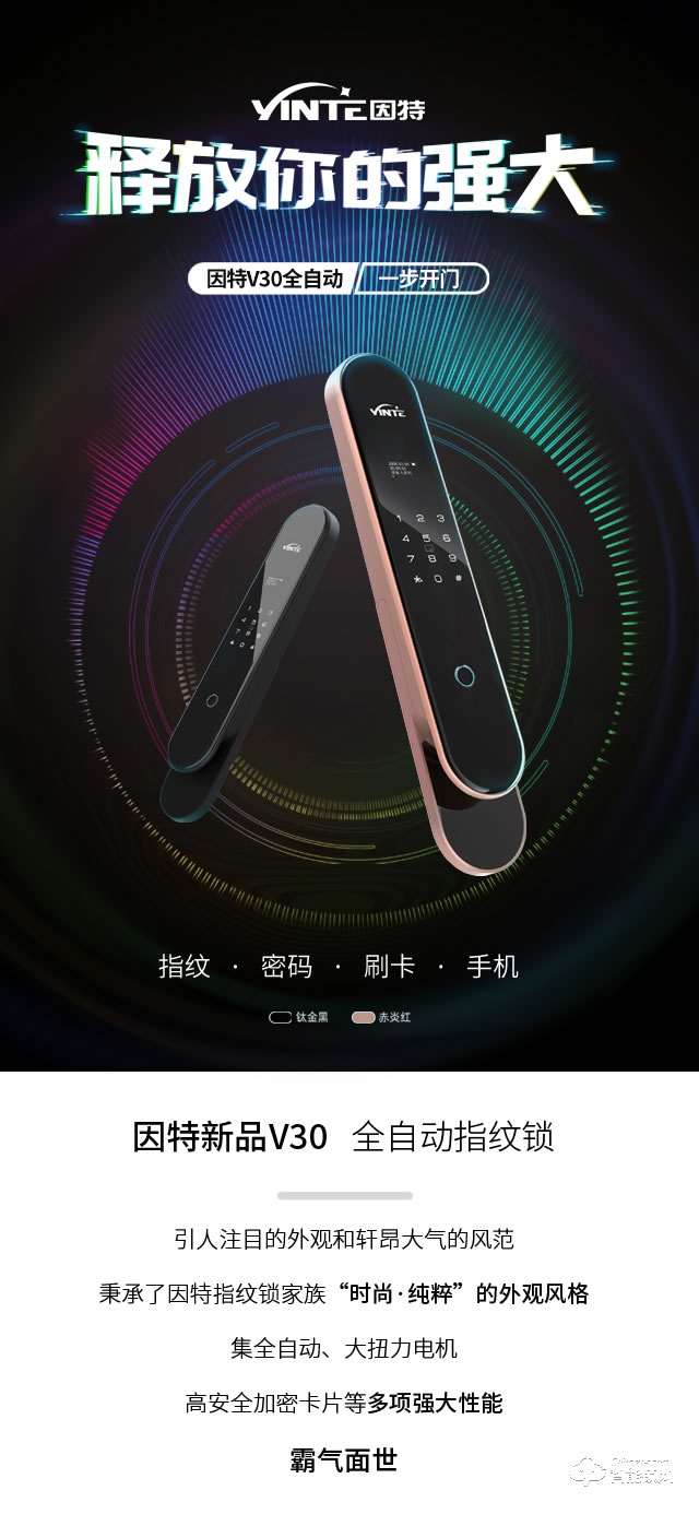 因特智能锁 V30家用防盗门锁全自动安防智能锁